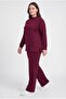 Women's Plus Size Crew Neck Vertical Ribbed Burgundy Tracksuit Set - 2