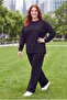 Women's Plus Size Crew Neck Vertical Ribbed Black Tracksuit Set - 5