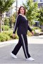 Women's Plus Size Shirt Collar Gold Button Striped Black Tracksuit Set - 4