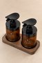 Soap Dispenser Set with Wooden Stand - Amber Glass Soap Dispenser Set with Wrist Press - Liquid Soap and Dishwashing Detergent Dispenser - 7