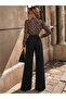 Women's Long Sleeve Double Breasted Collared Top Diver Leopard Patterned Bottom Imported Crepe Trousers Jumpsuit - 2