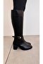 Long Buckle Women's Heeled Boots Black Leather - 7