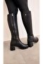 Heeled Plain Women's Boots Black Leather - 5