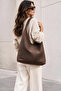 Women's Brown Knitted Patterned Suede Large Size Casual Hobo Shoulder Bag - 3