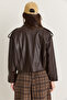 Women's Bitter Brown Lined Stand Collar Shoulder Epaulet Snap Closure Oversize Faux Leather Jacket 2838 60286593 - 8