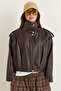 Women's Bitter Brown Lined Stand Collar Shoulder Epaulet Snap Closure Oversize Faux Leather Jacket 2838 60286593