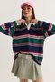Women's Navy Blue-Green Oversize Polo Collar Striped Long Sleeve Sweatshirt Ös261004 60286647 - 3