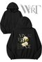 Vintage Floral Back Print Zippered Hooded Black Cardigan (2 Yarns)