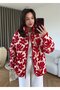 Red Floral Patterned Fleece Zippered Teddy Sweatshirt - 7