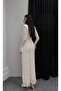 Women's Cream Shoulder Padded Detail Long Lace Evening Dress - 5