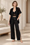 Women's Black Satin Kimono Pajama Set Floral Embroidered Bralet Pants 3 Piece - 4