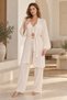 Women's Beige-Cream Cotton Dressing Gown Pajamas Set Striped Ruffle Short Top 3 Piece - 3