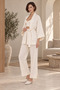 Women's Ecru Jacquard Kimono Pajama Set Bralet Wide Leg Pants 3 Piece - 3
