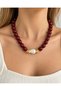 Burgundy and Brown Beaded Baroque Pearl Detailed Women's Necklace with Gold Accessories - 9