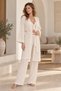 Women's Beige-Cream Cotton Dressing Gown Pajamas Set Striped Ruffle Short Top 3 Piece - 4