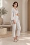 Women's Beige Melange Combed Cotton Kimono Pajama Set Double-Breasted Bralet Trousers 3 Piece - 4
