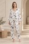 Women's White-Black Satin Kimono Pajamas Set Floral Patterned Strap Top Trousers 3 Pieces - 3