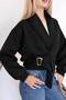 Women's Black Waist Buckle Detail V-Neck Belted Short Suede Jacket - 2