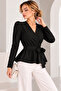 Black V-Neck Double-Breasted Belted Long Sleeve Blouse - 5