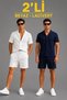 Men's 2-piece crepe fabric pocket shirt and shorts set - short sleeve tie-front - white/navy