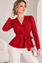 Red V-Neck Double-Breasted Belted Long Sleeve Blouse - 5