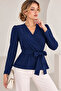 Navy Blue V-Neck Double-Breasted Belted Long Sleeve Blouse - 2