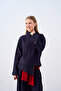 Women's High Collar Skirt Asymmetrical Cut Pants Suit Navy Blue - 3