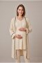 Women's Beige Patterned Lace Maternity Pajama Set with Dressing Gown for Easy Breastfeeding - 6
