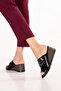 Women's Genuine Leather Wedge Heeled House Slippers Msa.519 Black Honeycomb - 5