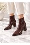 Yona Women's Bitter Brown Wrinkled Patent Leather Pointed Toe Front Stitching Detailed Zippered Warm Lining 7 cm Heel - 2