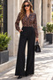 Leopard Elegance – Women's Leopard Print Double-Breasted Collar Long Sleeve Black Wide-Leg Crepe Jumpsuit