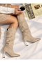 Di̇ana Beige Calfskin Suede 7 cm Heel Pull-On Boots - 2