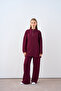 Women's Stand Collar Zippered Front Suit with Trousers and Grass Detail in Burgundy