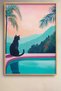 Pink Pool and Mountain View Black Cat Framed Painting Cat Poster Modern Wall Decor Kedi27 - 2