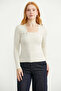 Square Neck Ribbed Knit Sweater - Cream - 3