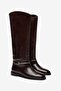 Women's Burgundy Buckle Riding Boots – Below the Knee Flat Sole Long Boots