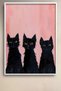Three Black Cats in Front of Pink Wall Framed Painting Cat Poster Modern Wall Decor Kedi07 - 2