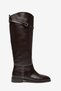 Women's Brown Trocley Belted Riding Boots Flat Sole Below the Knee - 3