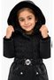 Girl's Black Color Midi Length Coat with Gipeli Belt Detail on the Front, Detachable Hood, Zipper Snap Closure, and Plush Lining. - 3