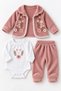 Baby Girl Floral Embroidered Velvet Cardigan Long Sleeve Snap Fastener Badi Velvet Tracksuit 3-Piece Bottom Top Set 0- - 6