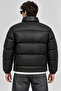 Men's Black Leather Look Puffer Jacket – Stand Collar, Zippered, Premium Winter Model - 5