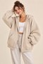 Women's Beige Balloon Sleeve Cardigan with Hood, Full Zipper, Kangaroo Pocket, Cotton Lined, Winter