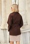Women's Cashmere Raglan Sleeve Pocketed Collared Lace-Up Coat - Brown - 5