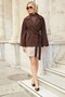 Women's Cashmere Raglan Sleeve Pocketed Collared Lace-Up Coat - Brown - 3