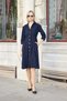 Women's Stretchy Velvet Collared Dress with D Buckle on the Sides and Gathered Sleeves, Below the Knee, Kilos Dress - Navy Blue