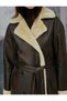 Faux Leather Long Coat Double-Breasted with Buttons and Plush Detailing - 5
