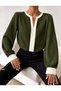 Women's Gold Buckle V-Neck Contrast Piping Long Sleeve Stylish Blouse - 2