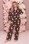 Bear Pattern Brown Suede Knitted Long Sleeve Plus Size Women's Buttoned Pajama Set - 2