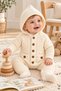 Baby knitted romper with hood, hair braid pattern, knitwear, wooden buttoned, pocketed, unisex for girls and boys, 3-12 months - 2