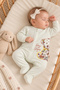 Baby Girl Cute Floral Bear Patterned Green Zippered Jumpsuit